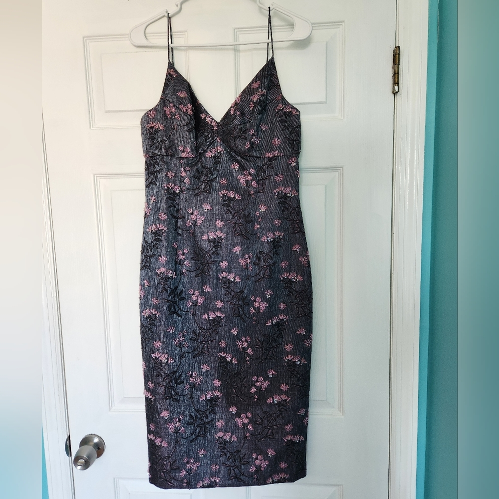 Carmen Marc Valvo size 8 denim with pink beads, sequins, and floral embroidery